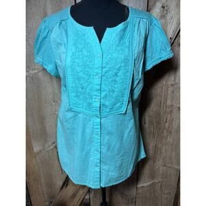 NWT Gloria Vanderbilt Nikki Women's M Short Sleeve Blouse Blue Caribbean Breeze